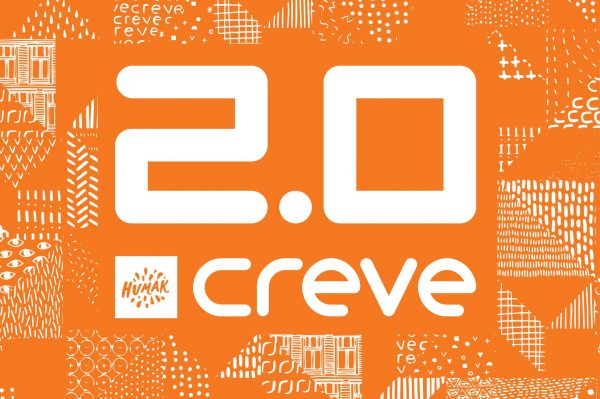 Creve 2.0 -hankkeen logo ja taustakuva. Valkoinen teksti oranssivalkoisella taustalla.